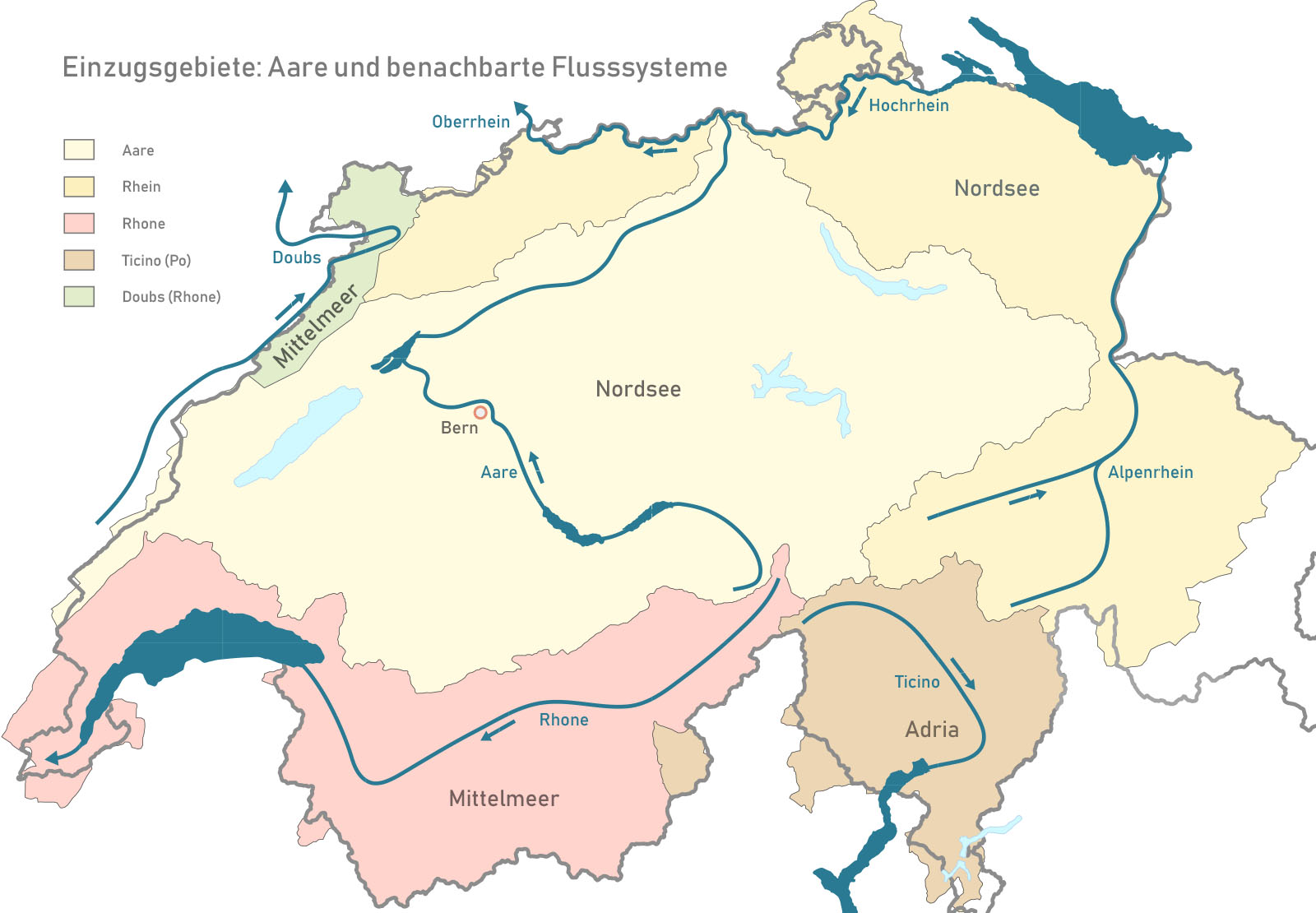 Gegenwärtige Einzugsgebiete der Aare und benachbarter Flusssysteme